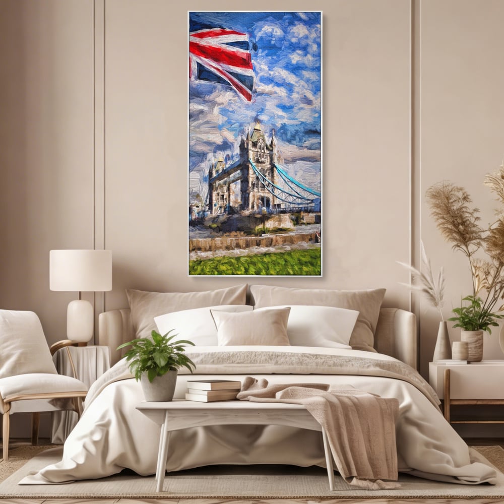 Tablou canvas cu tablou canvas cu tower bridge si steagul marii britanii, in rama de aluminiu argintiu, pe perete intr-un dormitor